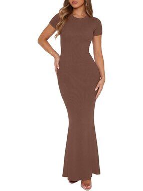 Women's Coffee Basic Summer Casual Lounge Long Dress Elegant Short Sleeve Maxi
